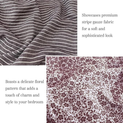 Queen Comforter Set - 7 Pieces Deep Purple Gauze Muslin Bedding Sets for All Seasons, Lightweight Breathable Bed in a Bag Queen with Revesible Farmhouse Comforter, Sheets, Pillowcases & Shams