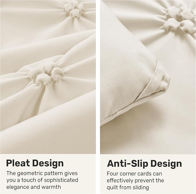 UNIKOME King Size Comforter Set Beige - Ultra Soft Boho Pintuck Cream Down Alternative Bedding Set for All Seasons, 3 Pieces Lightweight Warm Pinch Pleat Bed Set with Comforter, 2 Pillowcases
