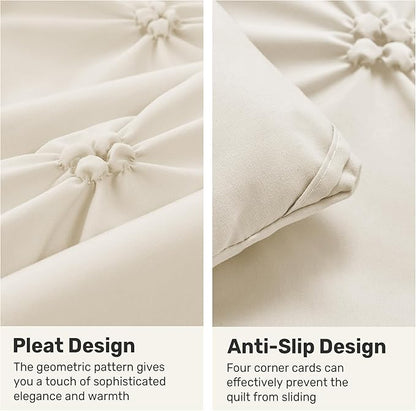 UNIKOME King Size Comforter Set Beige - Ultra Soft Boho Pintuck Cream Down Alternative Bedding Set for All Seasons, 3 Pieces Lightweight Warm Pinch Pleat Bed Set with Comforter, 2 Pillowcases
