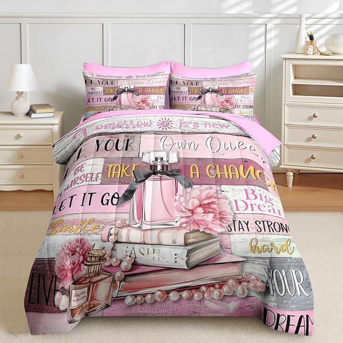 Nesker Comforter Set Full Size, Girly Hot Pink Perfume 7 Pcs Bedding for Kids and Adults, Girls Quotes Motivational Book Bed Sheet Sets with Fitted Sheet 2 Pillowcases & 2 Shams