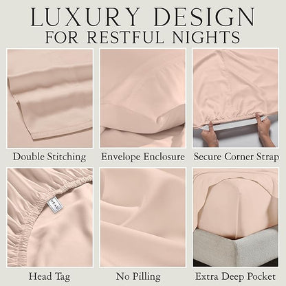 KARISSA MAE Cooling Bamboo Viscose Split King Sheet Set | 100% FSC Certified | 18” Deep Pocket | Silky, Soft, & Hypoallergenic | with Organizer Band & Elastic Corner Straps [Pink Peony]