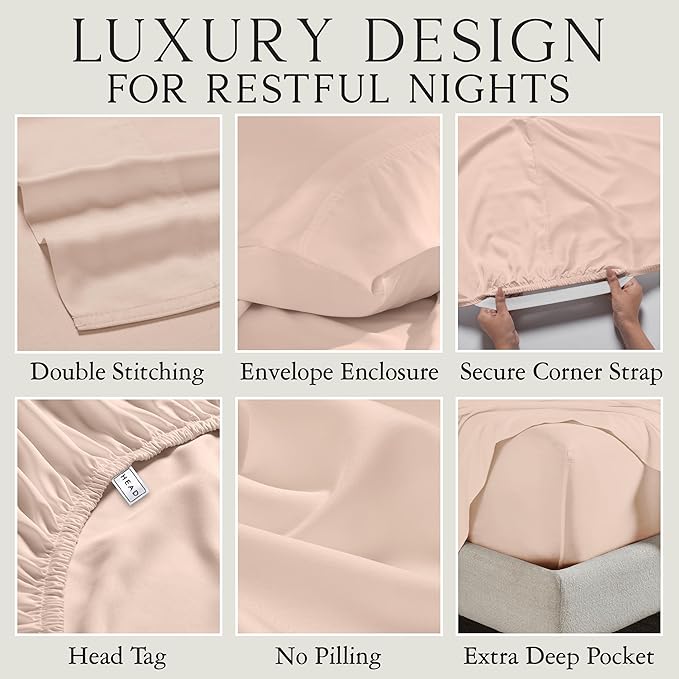 KARISSA MAE Cooling Bamboo Viscose 34" Split Top King Sheet Set | 100% FSC Certified | 18” Deep Pocket | Silky, Soft, & Hypoallergenic | with Organizer Band & Elastic Corner Straps [Pink Peony]