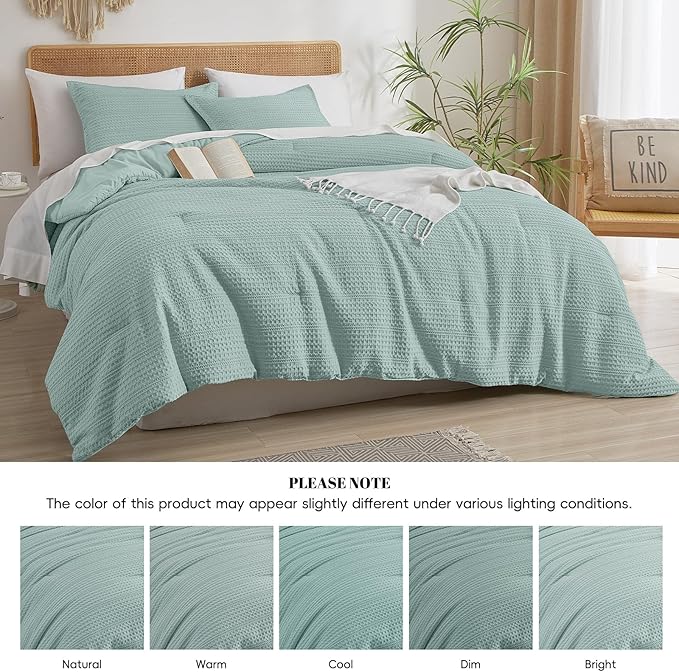 PHF Soft Waffle Comforter Set Queen Size- Comfy Breathable Waffle Weave Comforter with 2 Pillow Shams, 3 Pieces Less Snagging Lightweight Textured Bedding Set for All Season, Aqua