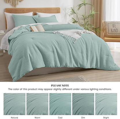 PHF Soft Waffle Comforter Set Queen Size- Comfy Breathable Waffle Weave Comforter with 2 Pillow Shams, 3 Pieces Less Snagging Lightweight Textured Bedding Set for All Season, Aqua
