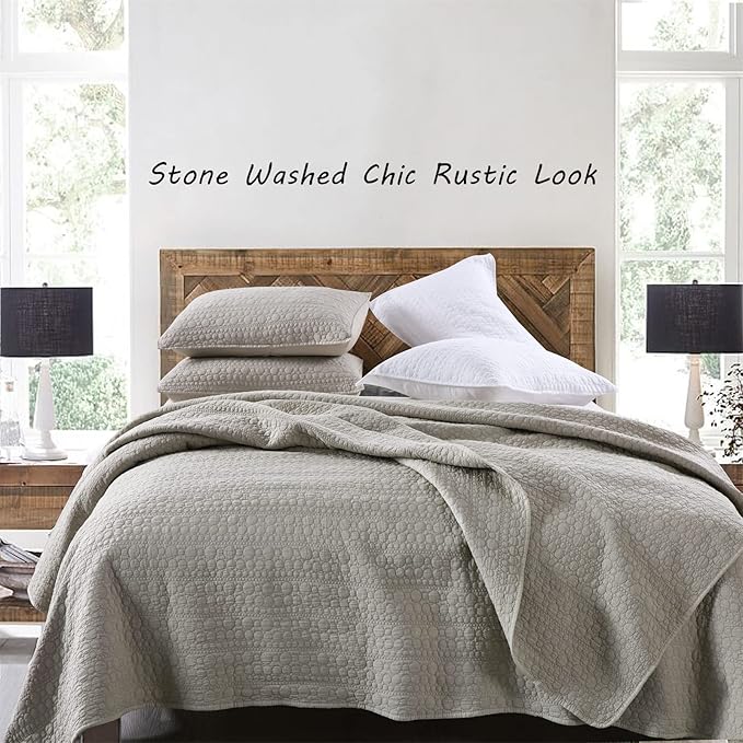 HORIMOTE HOME Quilt Set King Size Beige, Classic Geometric Spots Stitched Pattern, Stone-Washed Microfiber Chic Rustic Look, Ultra Soft Lightweight Quilted Bedspread for All Season, 3 Pieces