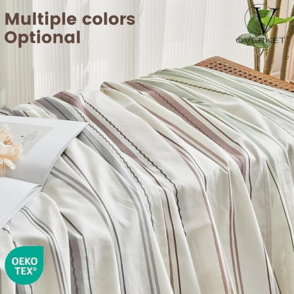 100% Linen Sheets Queen Size,Breathable & Durable 4-Piece Bed Flax Stripes Sheet Set,Soft All-Season Bedding for Hot Sleepers 16" Deep Pocket Oeko-TEX Certified,（Queen, Brown Stripes）