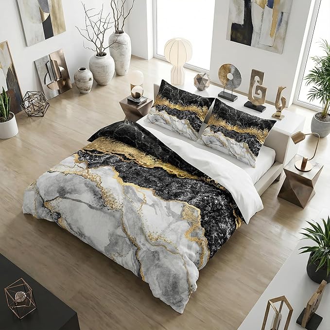 Black Grey Marble Comforter Queen Size, Abstract Modern Bedding Set with Golden River Texture, 3Pcs Soft Microfiber Quilted Comforter for All Seasons, 2 Matching Pillowcases/ 90"x90"