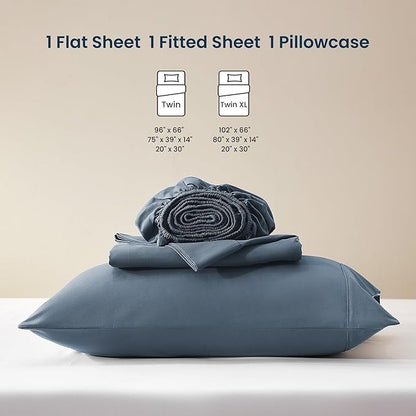 SLEEP ZONE Nanotex Super Soft Cooling Twin Bed Sheets Set for Kids 3 Piece - Easy Care Fitted Flat Sheet & Pillowcase Sets - Wrinkle Free, Fade Resistant, Deep Pocket 16" (Flint Blue, Twin)