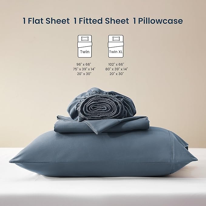 SLEEP ZONE Nanotex Super Soft Cooling Kids Bed Sheets Set Twin XL 3 Piece - Easy Care Fitted Flat Sheet & Pillowcase Sets - Wrinkle Free, Fade Resistant, Deep Pocket 16" (Flint Blue, Twin XL)