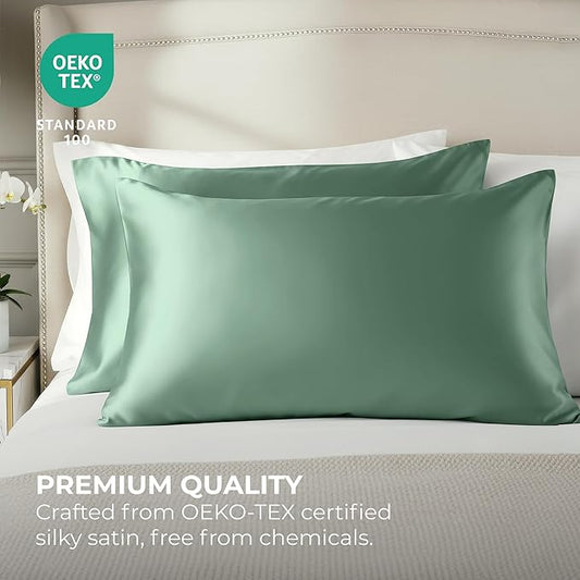 Pure Bedding Satin Pillowcase 2 Pack - King Size (20"x40", Champagne Green) - Silky Pillow Cases for Hair and Skin - Satin Pillow Covers with Envelope Closure - Extra Soft Premium Microfiber