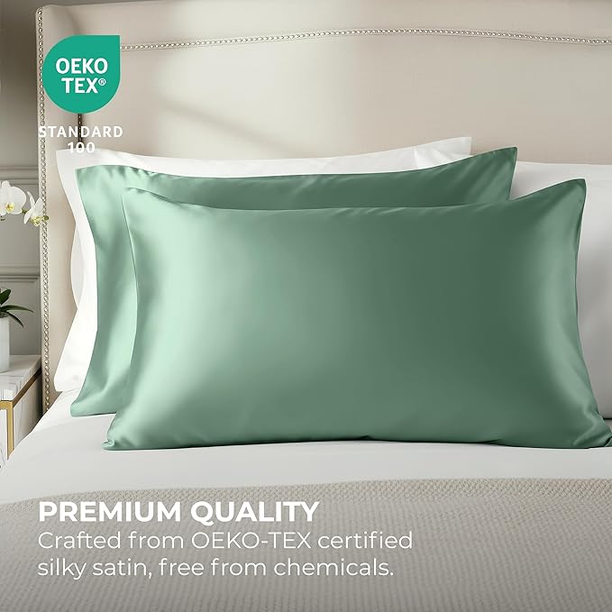 Satin Pillowcase 2 Pack - Queen Size (20"x30", Champagne Green) - Silky Pillow Cases for Hair and Skin - Satin Pillow Covers with Envelope Closure - Extra Soft Premium Microfiber