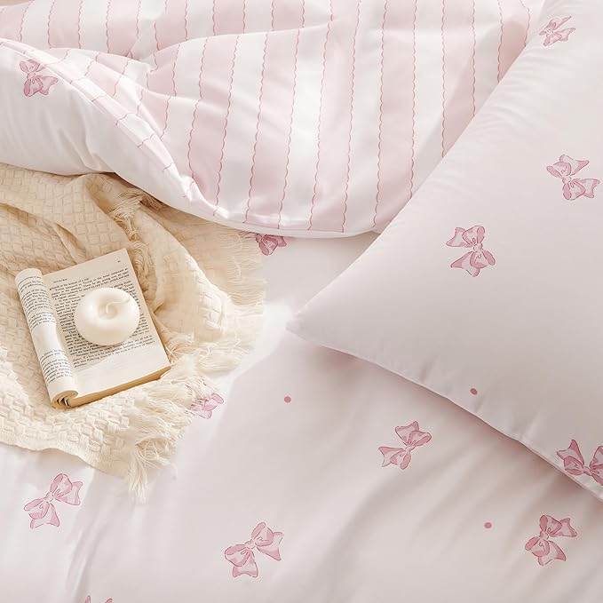 White Twin Comforter Set - Pink Bow Quilt Bedding Set 2 Pieces, Stripes Comforter Set Twin Size, Soft & Lightweight Comforter(68‘’ x 90‘’) for Girl All Season & 1 Pillowcase(30‘’x20‘’)