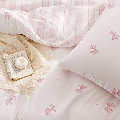 White Comforter Set Full Size - Pink Bow Quilt Bedding Set 3 Pieces, Sripes Comforter Set Full, Soft & Lightweight Comforter(79‘’ x 90‘’) for Girl All Season & 2 Pillowcases(30‘’x20‘’)