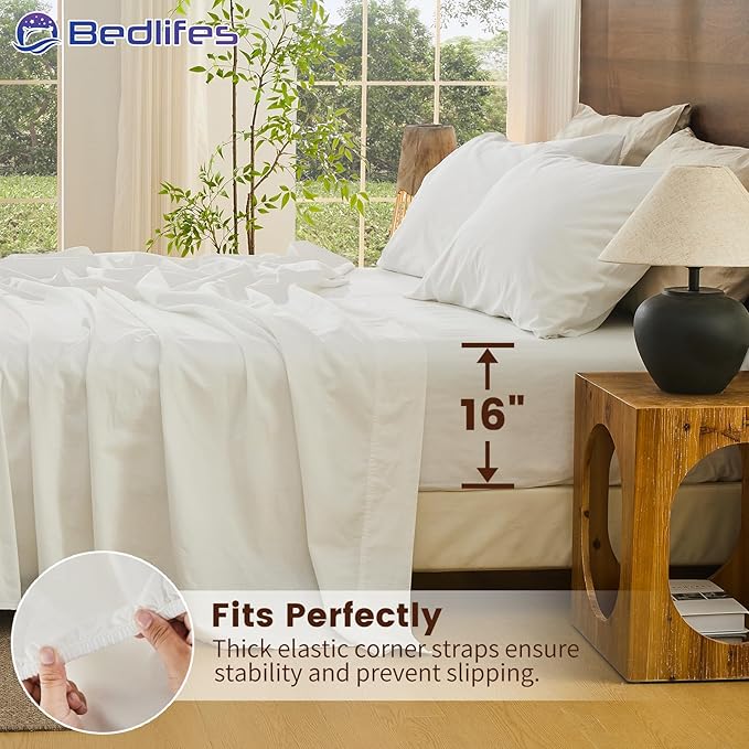 Bedlifes 100% French Pure Linen Sheets King Size Breathable and Cooling Flax Sheet Set Soft Durable and Moisture Wicking 16 Inch Deep Pocket-4 Piece(King,White)