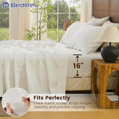 Bedlifes 100% French Pure Linen Sheets King Size Breathable and Cooling Flax Sheet Set Soft Durable and Moisture Wicking 16 Inch Deep Pocket-4 Piece(King,White)