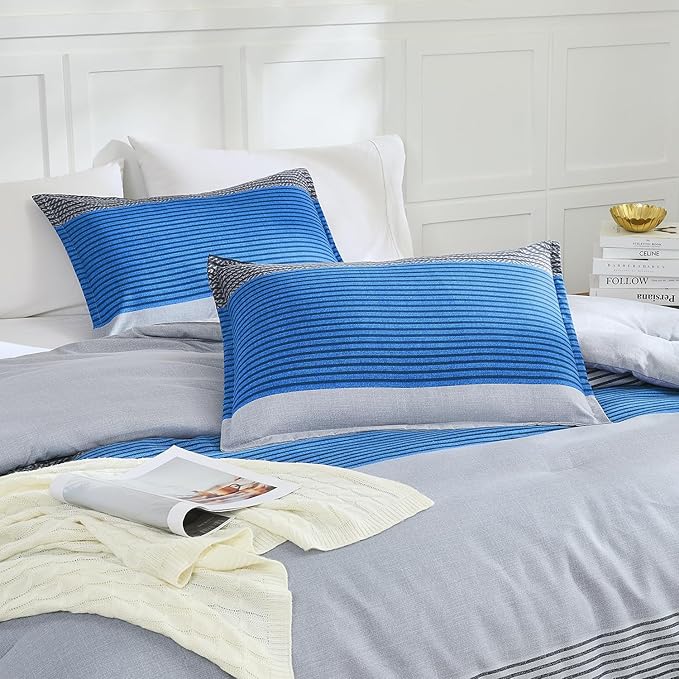Litanika Bed Comforter King Set Grey Blue, Striped Bedding Comforter Set, 3 Pieces Lightweight Soft All Season Down Alternative Comforter (1 Comforter, 2 Pillowcases)