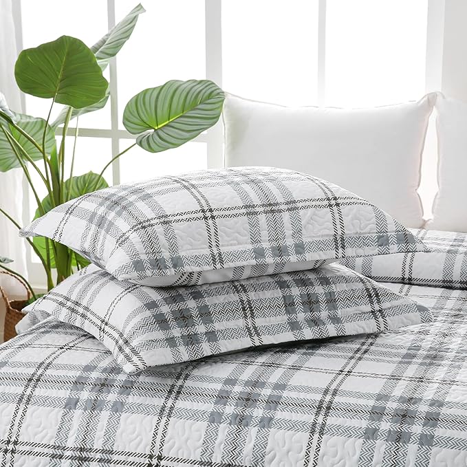 Plaid Quilt Set King Size - Ultra Soft Gingham Quilts Bedding Set with 2 Pillow Shams, Lightweight Reversible Striped Quilted Bedspread Coverlet 3 Pieces for Summer, 104"×90", Grey White