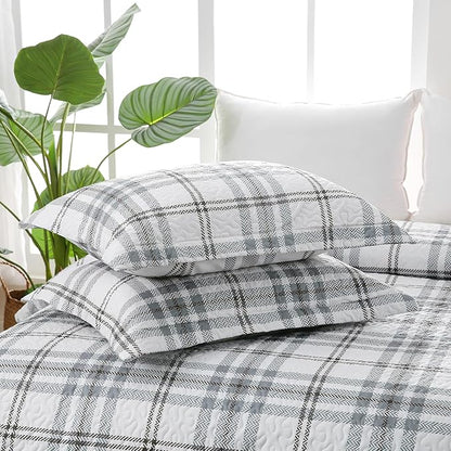 Plaid Quilt Set King Size - Ultra Soft Gingham Quilts Bedding Set with 2 Pillow Shams, Lightweight Reversible Striped Quilted Bedspread Coverlet 3 Pieces for Summer, 104"×90", Grey White