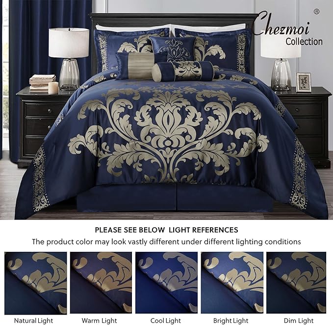 Chezmoi Collection 7-Piece Jacquard Floral Comforter Set (King, Navy/Gold)