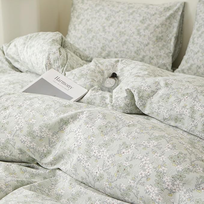 VM VOUGEMARKET Twin Duvet Cover Set with Green Flower Pattern,Pure Cotton Bedding Set Vintage Floral Prints Comforter Cover Conquette Cottagecore Bedding for Teen Girls
