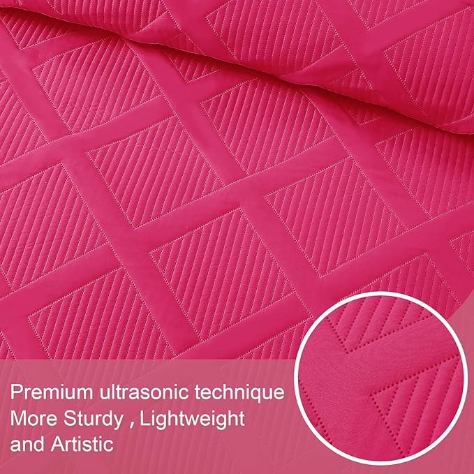 Exclusivo Mezcla Twin Size Quilt Set - Hot Pink Quilts Bedding Set with 2 Pillow Shams, Modern Bedspread with Striped Pattern, Soft Lightweight Bedspreads Coverlets for All Seasons