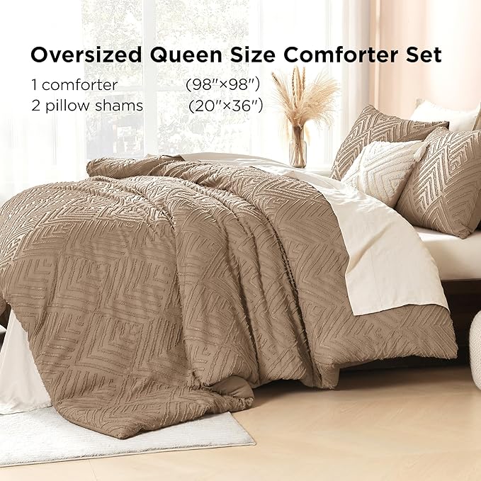 Litanika Oversized Queen Comforter Taupe, 3 Pieces Tufted Boho Farmhouse Bedding Comforter Set, Lightweight Fluffy All Season Comforter Set (98x98In Comforter & 2 Pillowcases)