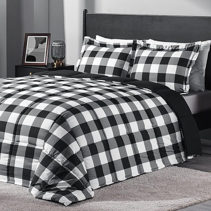 downluxe Lightweight Plaid Comforter Set (King) with 2 Pillow Shams - 3-Piece Set - Black/White Plaid - Down Alternative Reversible Comforter