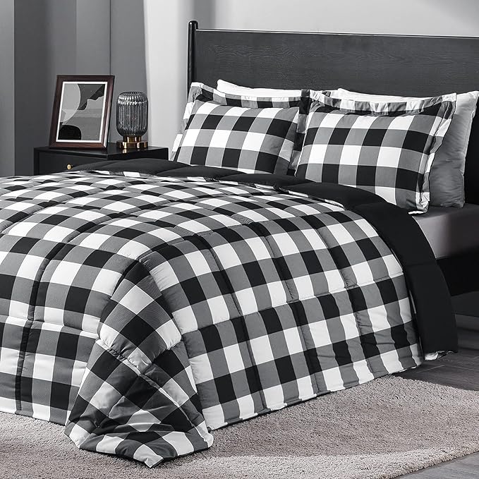 downluxe Lightweight Plaid Comforter Set (Twin) with 1 Pillow Sham - 2-Piece Set - Black/White Plaid - Down Alternative Reversible Comforter