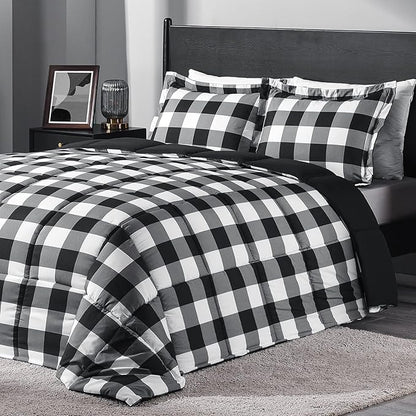 downluxe Lightweight Plaid Comforter Set (Queen) with 2 Pillow Shams - 3-Piece Set - Black/White Plaid - Down Alternative Reversible Comforter