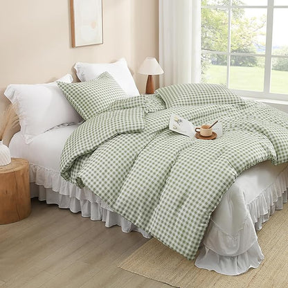 Andency Sage Gingham Comforter Set Twin(66x90Inch), Green Checkered Grid Plaid Buffalo Bed Set for Girls Boys Kids Teens, 2 Pieces Lightweight Polyester Geometric Preppy Bedding