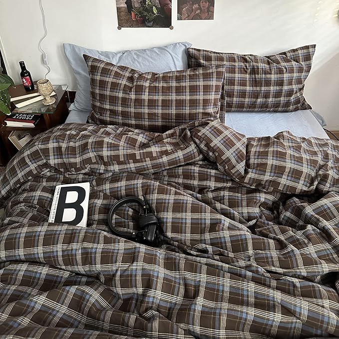 mixinni Vintage Blue & Brown Buffalo Plaid Comforter Set King Size - 3-Piece Washed Cotton Soft Geometric Checkered Pattern Bedding Set for All-Seasons Lightweight & Breathable-King Size