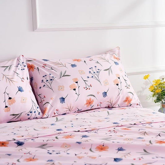 Best Season Pink Botanical Full Sheets Pink Flower Microfiber Bedding Decor - Breathable & Durable Full Bed Sheet Sets - Fits Up to 16 Inches Deep Pocket 4 Piece