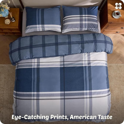 Bedsure Plaid Duvet Cover King Size - 100% Cotton Reversible Classic Navy Checkered Pattern Duvet Cover Set, 3 Pieces Soft & Breathable PureWoven Bedding Set with 2 Pillow Shams (Navy Plaid 104"x90")