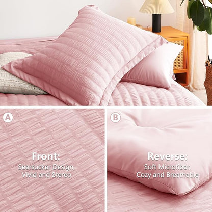 CozyLux Full Size Comforter Sets with Sheets 7 Pieces, Pink Seersucker Bed in a Bag Textured Luxury Soft Bedding Set with Down Alternative Comforter, Sheets, Pillowcases & Shams for All Season