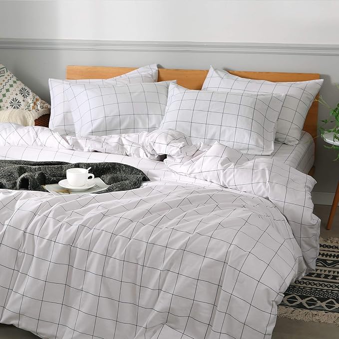 JELLYMONI 100% Natural Cotton 3pcs Plaid Duvet Cover Sets,White with Black Grid Geometric Pattern Printed Comforter Cover,with Zipper Closure & Corner Ties(King Size)