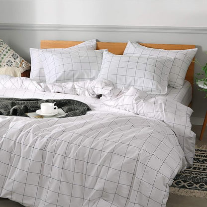 JELLYMONI 100% Natural Cotton 3pcs Plaid Duvet Cover Sets,White with Black Grid Geometric Pattern Printed Comforter Cover,with Zipper Closure & Corner Ties(King Size)