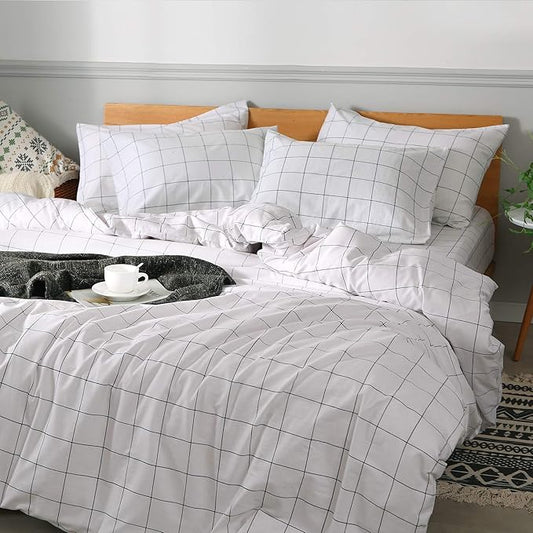 JELLYMONI 100% Natural Cotton 3pcs Plaid Duvet Cover Sets,White with Black Grid Geometric Pattern Printed Comforter Cover,with Zipper Closure & Corner Ties(King Size)