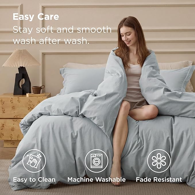 Bedsure 100% Washed Cotton Duvet Cover King Size - Pastel Blue Minimalist Bedding Set Linen Like - PureWoven Plain Simple & Soft Comforter Cover for All Seasons (Pastel Blue, King, 104"x90")