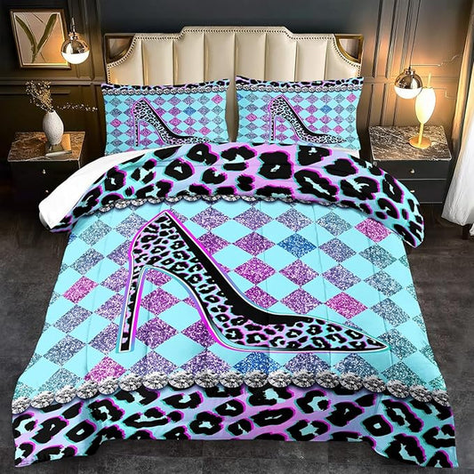Rainbow Cheetah Print Comforter Set King Girls Sexy High Heels Leopard Print Bedding Set Women High Heels Leopard Comforter Quilt Bedroom Decor Animal Cheetah Bedding Bed Decor