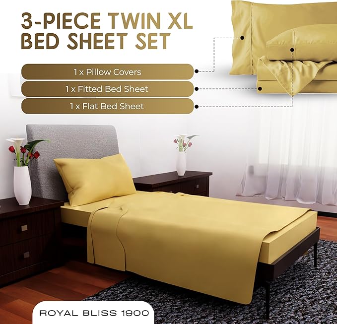 Twin XL Sheets Set - 3 Piece Bedding - Wrinkle Free, Fade Resistant, Double Brushed Microfiber - Deep Pockets/Easy Fit - 1800 Series Ultrasoft, Cooling Sheets (Gold)