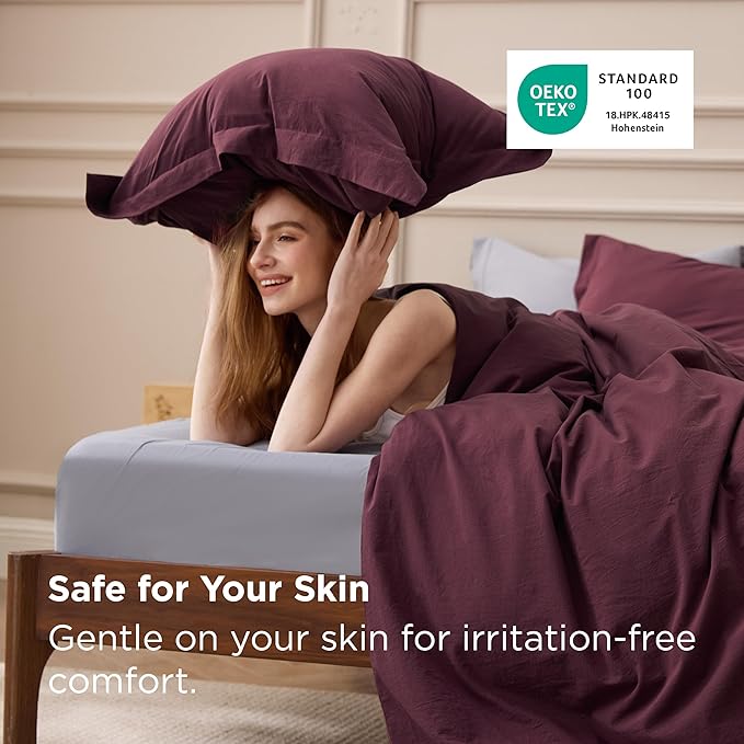 Bedsure 100% Washed Cotton Duvet Cover King Size - Burgundy Minimalist Bedding Set Linen Like - PureWoven Plain Simple & Soft Comforter Cover for All Seasons (Burgundy, King, 104"x90")