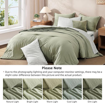 Monbix Queen Comforter Set - 7 Pieces Green Prewashed Bed in a Bag Queen Bedding Sets with Comforters, All Seasons Ultra Soft Comforter Bed Set with Sheets,Pillowcases & Shams