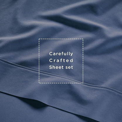 Threadmill Cotton Queen Sheet Set | 100% Cotton Sheets for Queen Size Bed | Solid Sateen Queen Bed Sheets Set with 16” Deep Pocket | Soft Breathable 4-Piece Cooling Bedding Sheet Set | Folkstone Blue