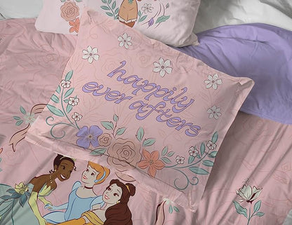 Jay Franco Kids Comforter Set Includes Sheets and Pillow Covers - Soft and Cozy Bed Set for Stylish Room Decor, Pink – Disney Princess, 7 Piece Queen
