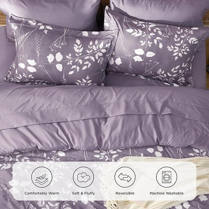 Bedsure Grayish Purple King Comforter Set - 7 Pieces Floral Bedding Sets King Bed in a Bag with Reversible Botanical Flowers Comforter, Sheets, Pillowcases & Shams