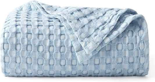 Bedsure Cooling Cotton Waffle Weave Throw Blanket - Lightweight Breathable Blanket of Rayon Derived from Bamboo for Hot Sleepers, Luxury Throws for Bed, Couch and Sofa, Light Blue, 50x70 Inches