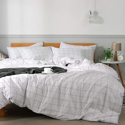 JELLYMONI 100% Natural Cotton 3pcs Plaid Duvet Cover Sets,White with Black Grid Geometric Pattern Printed Comforter Cover,with Zipper Closure & Corner Ties(Cal King Size)