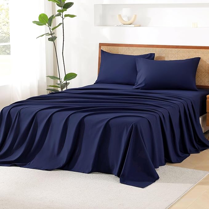Litanika California King Size Comforter Set with Sheets Navy Blue - 7 Pieces Bed in a Bag Cal King Chevron Tufted Complete Bedding Sets with Comforter, Sheets, Pillowcases & Shams
