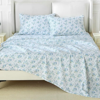 MUXHOMO Queen Size 4 Piece Sheet Set, Soft Breathable Bed Sheet Set for Bedroom with Deep Pocket Up to 16", Wrinkle-Free & Cooling Bedding for Oeko-TEX Certified - Blossoms Light Blue