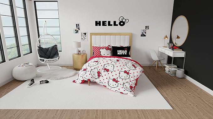 Hello Kitty Polka Dot Bedding 7 Piece Super Soft Comforter and Sheet Set with Sham, Full, (Official Licensed Product) by Franco Collectibles